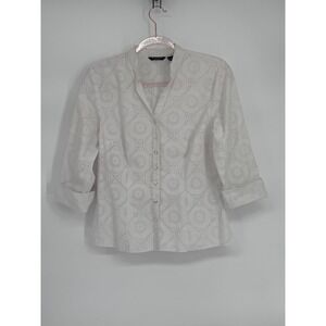 Autograph New York White Geometric Eyelet Mandarin Collar 3/4 Sleeve Blouse Sz M